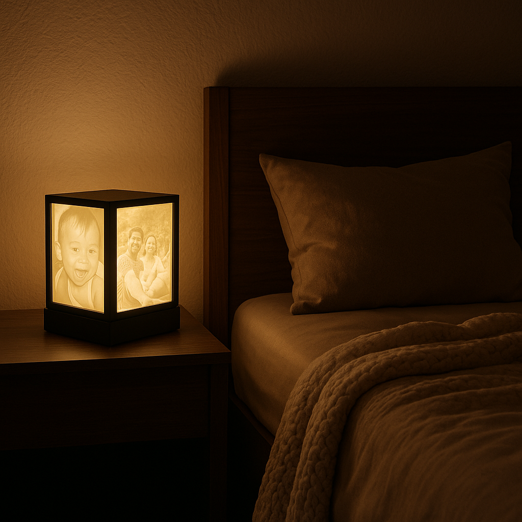 Cozy lithophane lamp in a bedroom setting